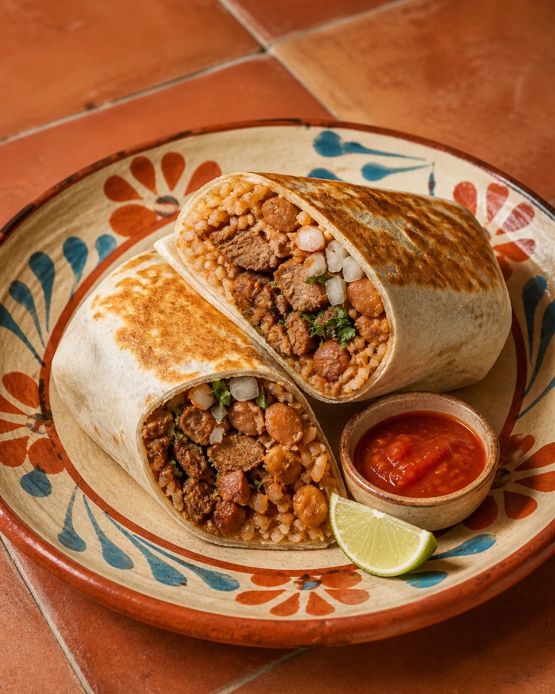 A grilled burrito cut in half with meat, rice, beans, onion, and cilantro